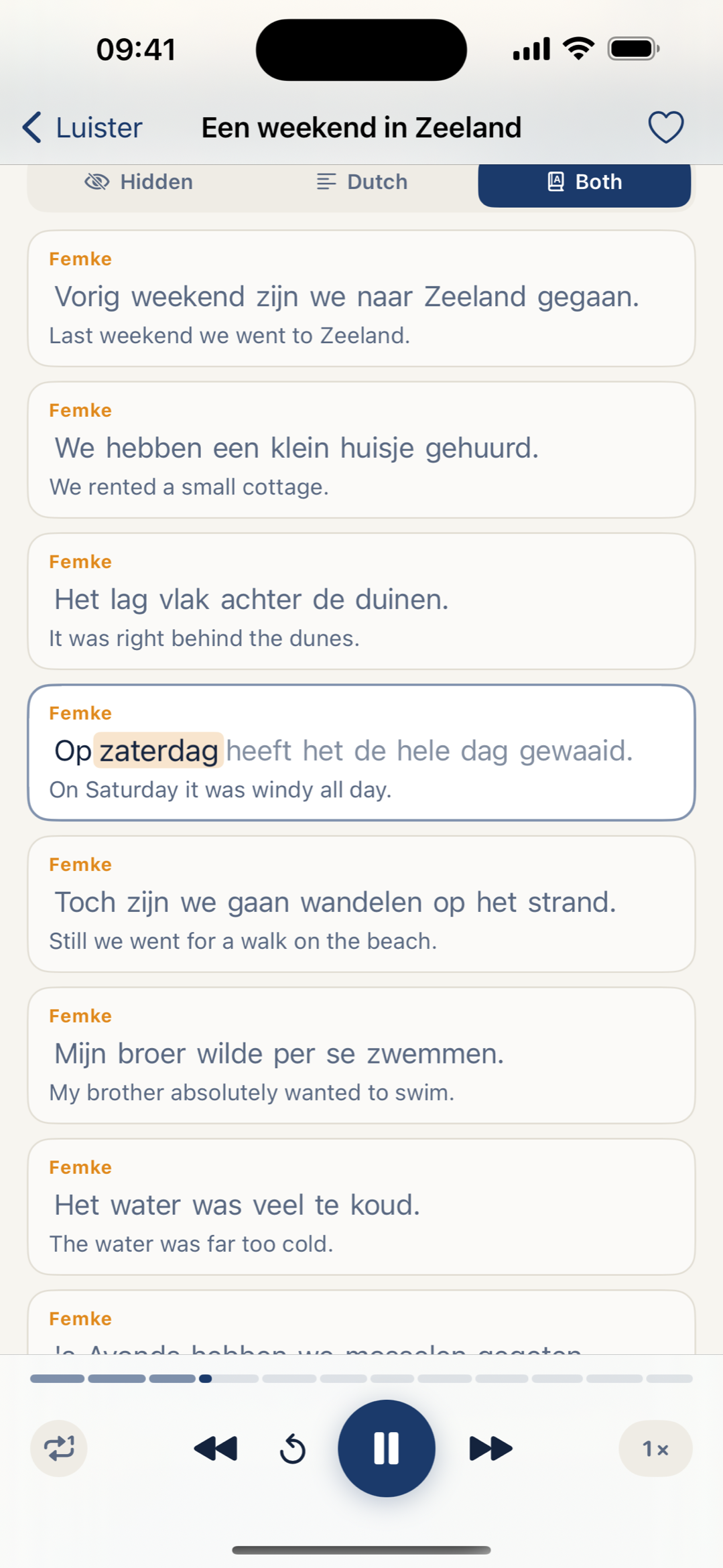 Ear Drills NL — luisteren met het huidige woord gemarkeerd
