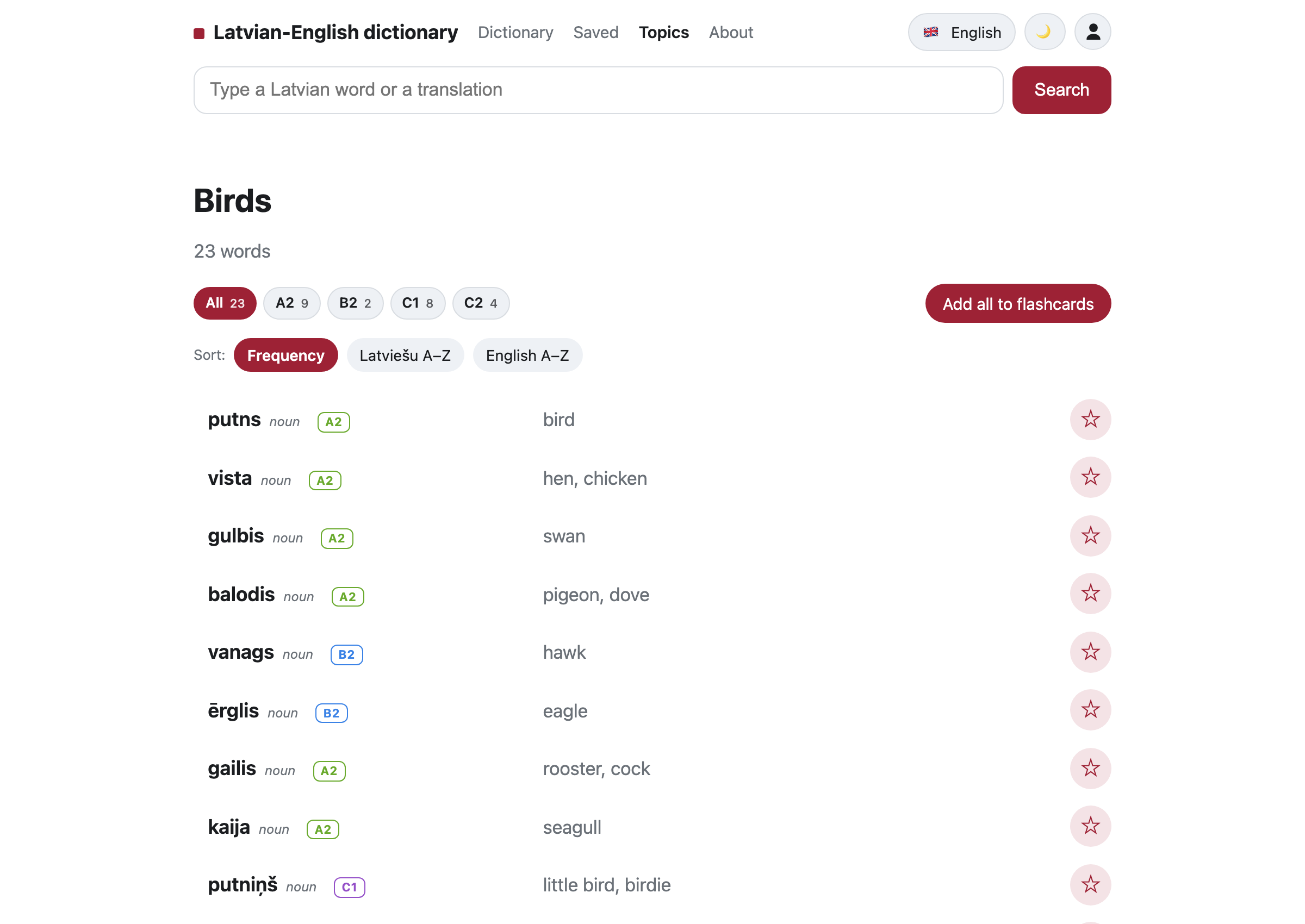 Een themapagina op dict.lv — Vogels — met filters op ERK-niveau, sorteeropties, een knop om alles aan de flashcards toe te voegen en een lijst woorden met sterren